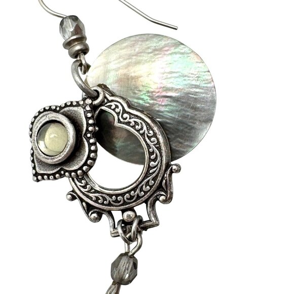 Bohemian Dangle Earrings Mother-Of-Pearl Silver-Tone Unique 2" - Picture 6 of 9